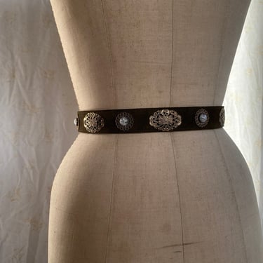 26-27" Waist Belt / Vintage Olive Brown Suede Leather Belt with Gold Hardware and Confetti Beads / Statement Belt / Luxe High Fashion Belt 