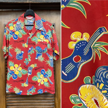 Vintage 1940’s Musical Instruments Tiki Rayon Atomic Hawaiian Shirt, 40’s Loop Collar, Vintage Clothing 