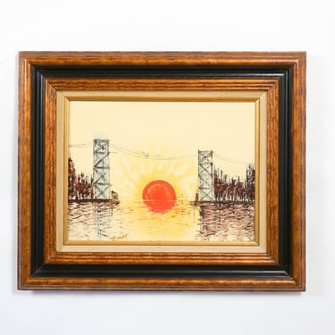 Original 1970's Vintage Art, oil on canvas Signed "Timer" Brutalist Style Sunset 