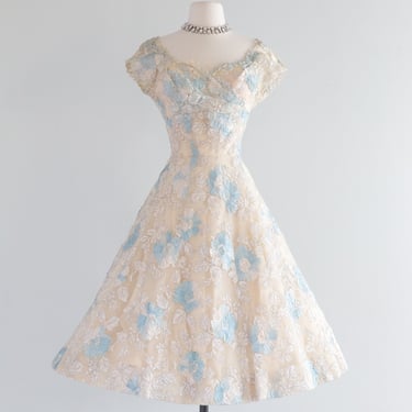 1950's Something Blue Ivory Lace Couture Cocktail Wedding Dress / Small