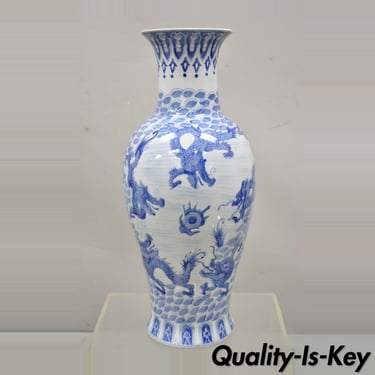 Vintage Blue and White Delf Style Porcelain Chinese Export 25" Tall Dragon Vase