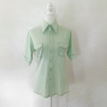 70s Disco Light Mint Green Dagger Collar Shirt Chest Pockets | Medium/Large 