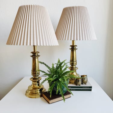 Pair of Brass Stiffel Lamps with Pleated Shade