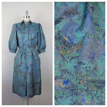 Vintage 1980s silk dress, puff sleeves, shirtwaist, peacock print, metallic 