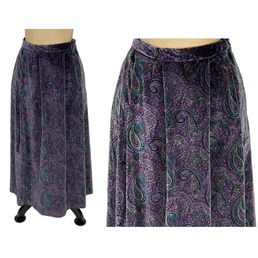 XS ~ 70s 80s Purple Paisley Print Velvet Maxi Skirt, 25" High Waist Pleated Skirt with Pockets, Fall Winter Bohemian Clothes Women Vintage 