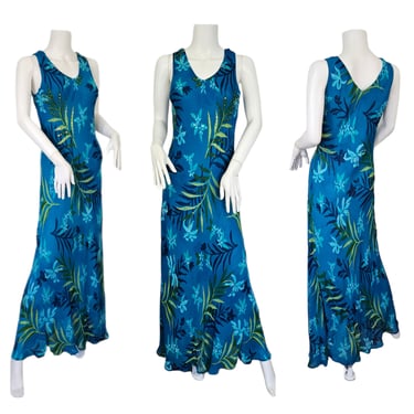 RK Originals 1990's Turquoise Blue Rayon Bias Cut Tropical Print Long Dress I Sz Med 