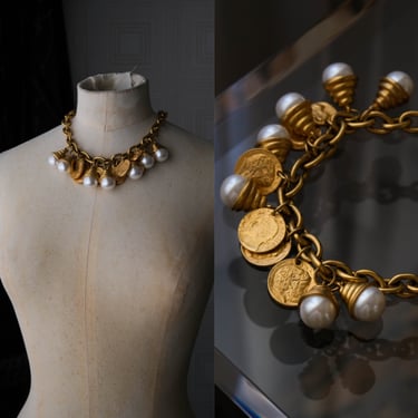 Vintage 80s ANNE KLEIN Signed Gold Coin & Pearl Chunky Chainlink Choker Necklace | Statement Piece, Donna Karan | 1980s Designer Jewelry 