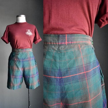 Vintage Green Plaid 1950s 1960s Side Zip Shorts / Vintage Soft Cotton Side Zip Shorts / 50s Shorts / 1950s Side Zip Shorts 26 Waist 