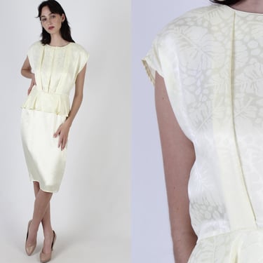 Ivory Tropical Floral Print Dress / Romantic Shadow Flower Dress / Vintage 80s Cocktail Dress / Ivory Silky Peplum Mini Dress 
