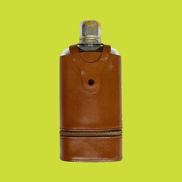Vintage Dopp Mellow Touch Flask Retro 1960s Clear Glass Bottle + Metal Shot Glass + Brown Leather Holster + Alcohol Storage + Bar Travel 