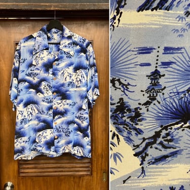 Vintage 1940’s Asian Pattern Crepe Fabric Hawaiian Shirt, 40’s Loop Collar Shirt, Vintage Clothing 