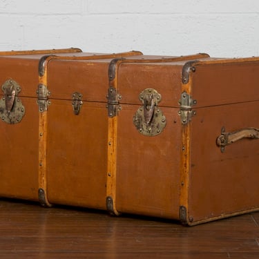Antique French Parisian Brown Wooden Steamer Trunk or Coffee Table 