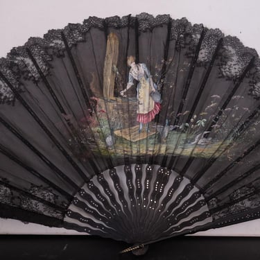 Antique Victorian Hand-Painted Black Silk & Lace Hand Fan w/ Mother of Pearl Inlay 