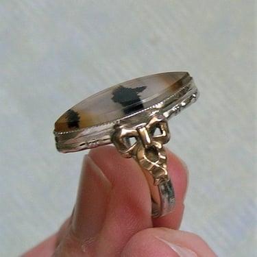Vintage Sterling and 10K Gold Moss Agate Clark & Coombs Ring, Art Deco Navette Sterling Agate Ring, Old Art Deco Ring, Size 4.25 (#4250) 