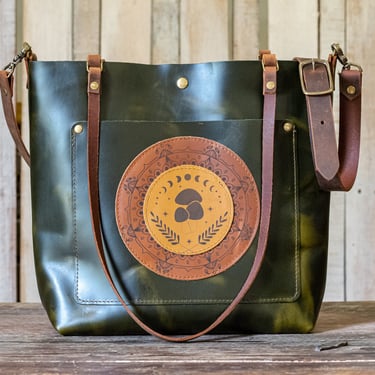 Leather Tote Bag | Leather Purse | Crossbody Bag | Made in USA | Jade Garden Party Mushroom Limited Edition Classic Leather Purse 