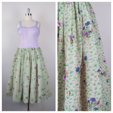 Vintage 1940s floral dress, novelty print, gown, maxi, formal, party, sundress, size medium 