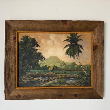 1960's Vintage Asian Volcano Landcape Oil Painting, Signed 