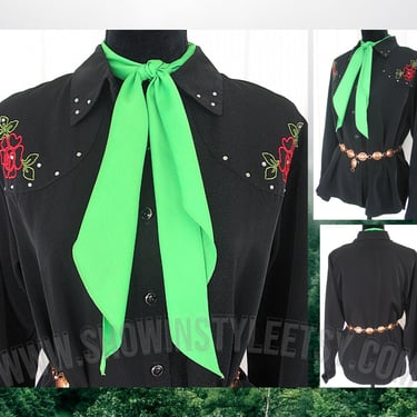 Lucille Vintage Retro Women's Cowgirl Western Shirt, Western Blouse, Black with Embroidered Red Flowers, Tag Size Large (see meas. photo) 