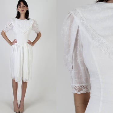 Vintage 80s White Gunne Sax Dress / Plain Large Scarf Style Collar / Simple Floral Deco Lace Bridesmaid Dress 