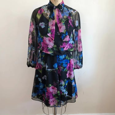 Black and Pink Floral Print Dress with Neck Tie - 1980s 