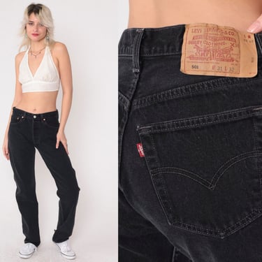 Black Levis 501 Jeans Y2k Straight Leg Button Fly Mid Rise Waist Denim Pants Levi Relaxed Vintage 00s Boyfriend Jeans Medium M 31 X 32 