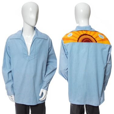 1970's Embroidered Sunburst Motif Chambray Shirt Size XL