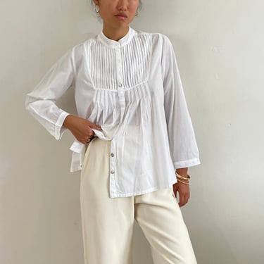 90s cotton batiste blouse / vintage white cotton batiste pin tuck bib smock blouse | large 