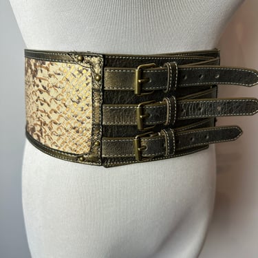 90’s extra Wide cincher style belt~ faux snakeskin & olive green triple buckle stylish belt~ earth tones with gold~ size Large 