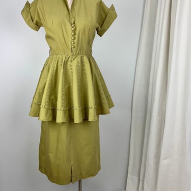 1950's Peplum Dress with Pencil Skirt - Nipped Waist - Fancy Gathered Trim Details  - Women's Size Small - 26 Inch Waist 