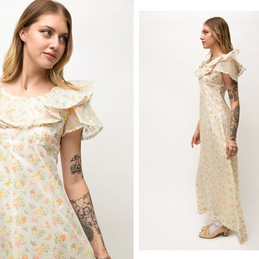 Vintage 1970s 70s Full Length Pastel Floral Flocked Maxi Dress Gown w/ Scooped Ruffle Neckline 