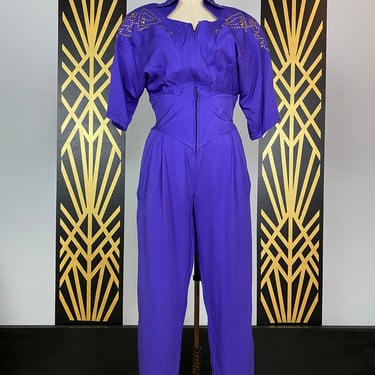 1980s jumpsuit, Royal blue rayon, vintage pantsuit, corset waist, studded jumpsuit, size small, padded shoulders, mesmerize, 80s streetwear 
