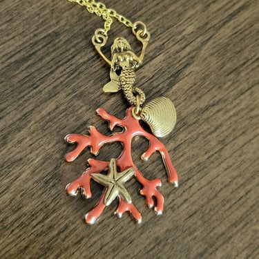 Mermaid and Coral Enamel Necklace - 20 inch necklace 