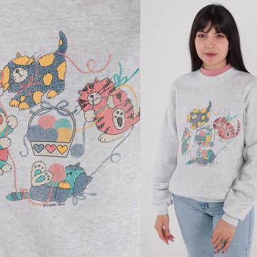 90s Cat Sweatshirt Cartoon Kitten Yarn Sweater Animal Sweatshirt Vintage Graphic Crewneck Heather Grey Kawaii Double Collar Medium 