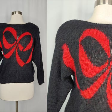 Vintage Eighties Small Black Knit Mohair Blend Bow Design Pullover Sweater - 80's Small Black and Red Fuzzy Sweater 