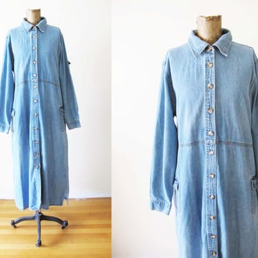 Vintage 90s 2000s  Long Denim Maxi Dress S M -  Long Blue Jean Button Front - Cargo Pocket Sundress -  Faded Denim 