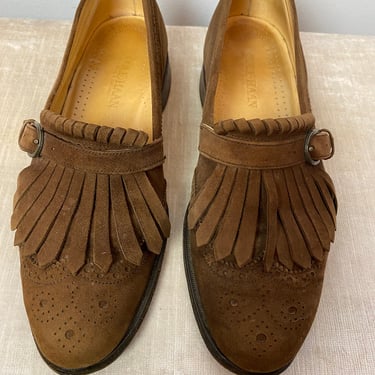 80’s Men’s chocolate brown  suede fringed loafers~ slip on leather all around Unisex Androgynous style 1980’s trend size 9C/ women’s 10.5 