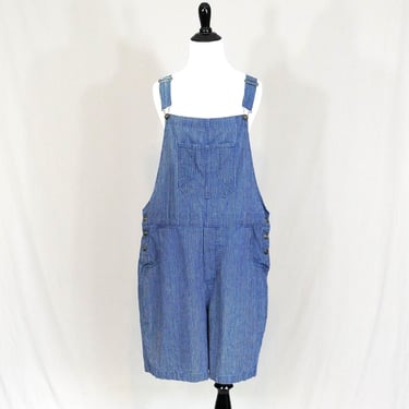 90s Denim Shorts Overalls - Stripes in shades of blue - Cotton Jean Bib Shortalls - Classic Elements - Vintage 1990s - XL 