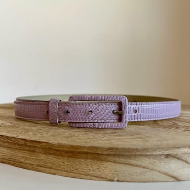 Vintage 90s Lavender Purple Thin Vegan Leather Rectangle Buckle Belt - XS/Small 