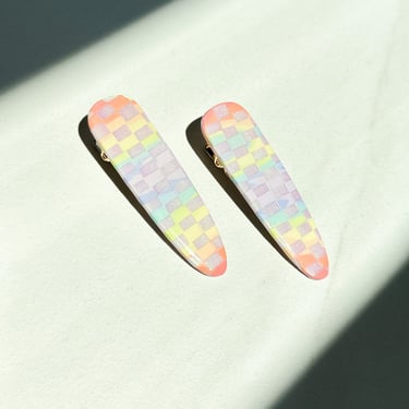 Handmade Alligator Clips | Rainbow Checkerboard Polymer Clay Resin Non Slip Stainless Steel Clip Faux Stone Hair Accessories Approx 2.5" 
