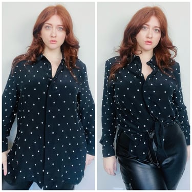 1990s Vintage Diane Gilman Large Rhinestone Blouse / 90s Black Silk Tunic Length Button Up Shirt / Size Large 