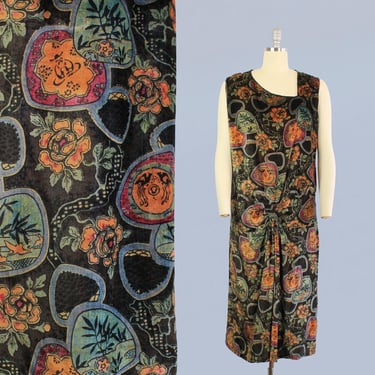 rare 1920s Dress / 20s Silk Velvet Chinoiserie Print Flapper Dress 