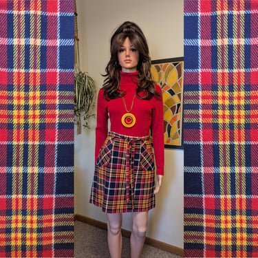 Vintage 1970s Bobbie Brooks Red, Yellow & Navy Blue Plaid Wool Blend A-line Mini Skirt with Pockets / 60s 70s Mod Winter 