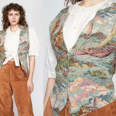 Medium 90s Novelty Sailboat Tapestry Vest | Vintage Sleeveless Button Up Top 