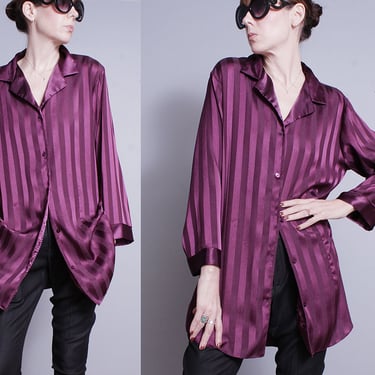 Vintage 1990's | Purple | Striped | HALSTON | Button Down | Blouse | Top | L or Oversized 