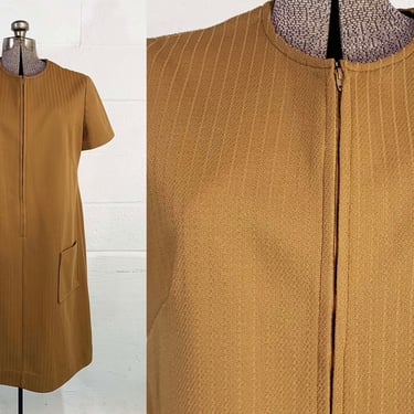 Vintage Brown Shift Dress 60s Mod Tan Coffee Teak 1960s Mini Mod Twiggy Short Sleeve Large XL 