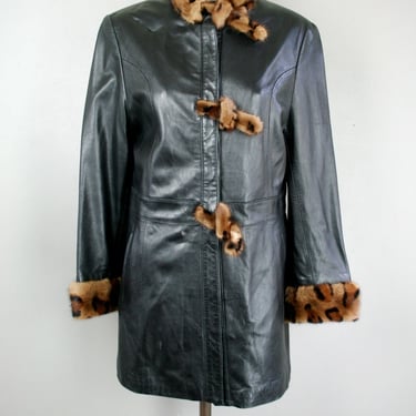 Black Italian Leather Car Coat - Leopard Dyed Mink - Estimated size S (4) - Jacket 
