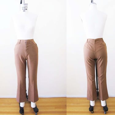 Vintage 60s Women High Waist Brown Pants 25 Small - 1960s Carol Brent Cotton Twill Flare Trousers - Mod 