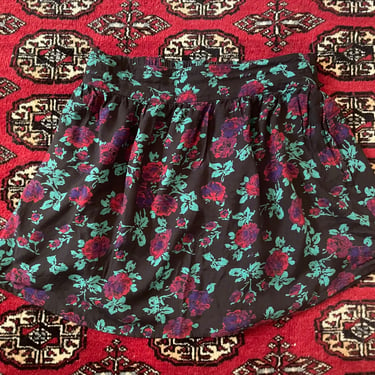 Vintage ‘90s soft grunge mini skirt, black floral print | high waisted gathered skirt, S/M 