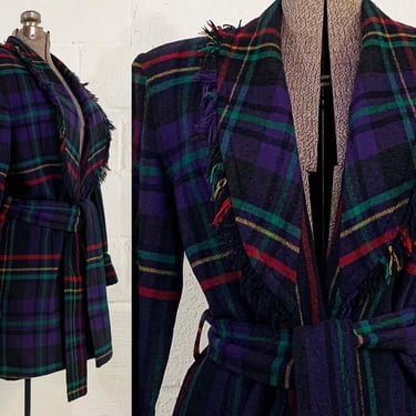 Vintage Neiman Marcus Coat Wool Blend Wrap Tie Open Front Jacket Designer Rainbow Black Plaid Fringe 1970s 70s Medium 