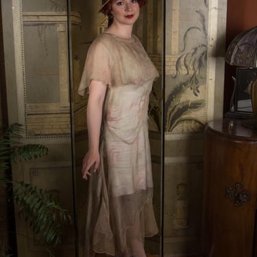 1920s Dress - Faded Wounded Bird Floral Day Dress with Tulle Net Hem 